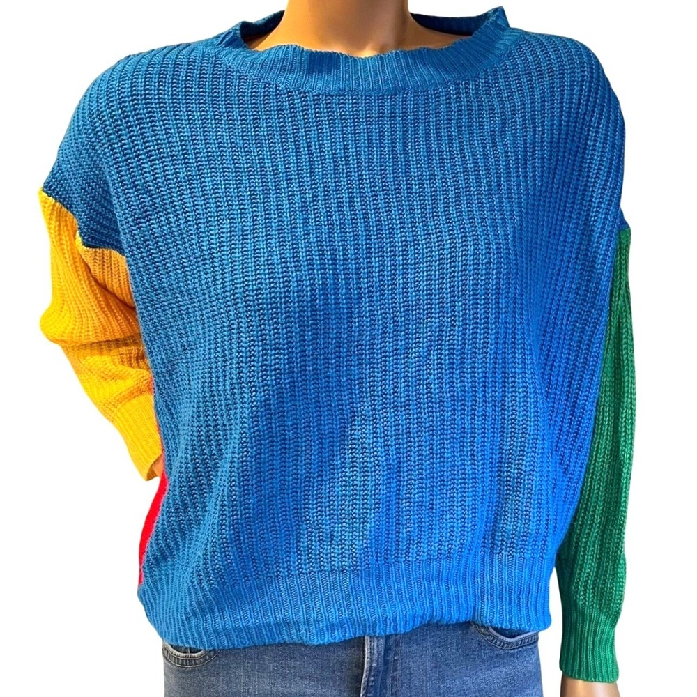 Vintage 90s Multicolor Colorblock Sweater XL Chunky Shaker Knit Primary Colors